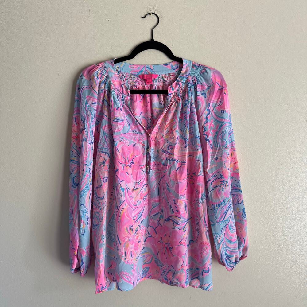 Lilly Pulitzer Pink + Blue Silk Floral Print Long Sleeve Elsa V Neck Blouse XL